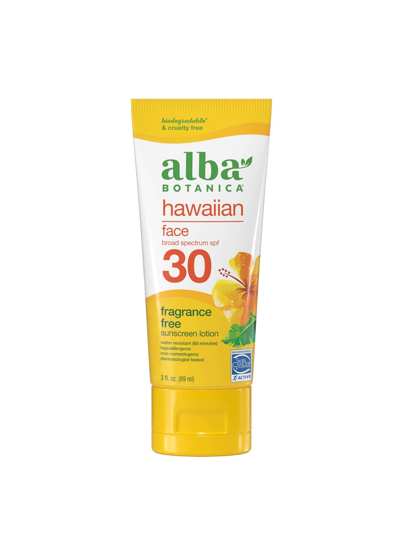 Alba Botanica Sunscreen for Face, Fragrance-Free Hawaiian Face Sunscreen Lotion, Broad Spectrum SPF 30, Water Resistant and Biodegradable, 3 fl. oz. Bottle