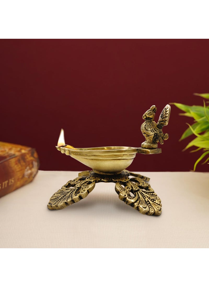 DecorTwist Brass Diya for Puja 55 Inch 750 Grams Pack of 1 Pure Brass Peacock Design Diya in Gold Antique Finish Oil Lamp Diya for Diwali Home Temple Diwali Decoration Item