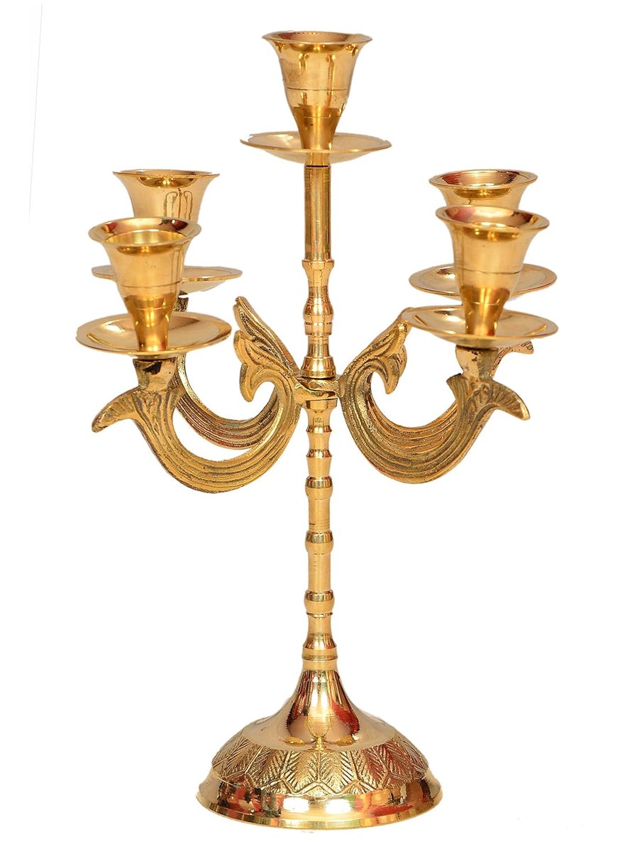EHandicrafts Brass Mughal Design Candle Stand with 5 Holders for Living Room Table Decoration 95 InchMedium