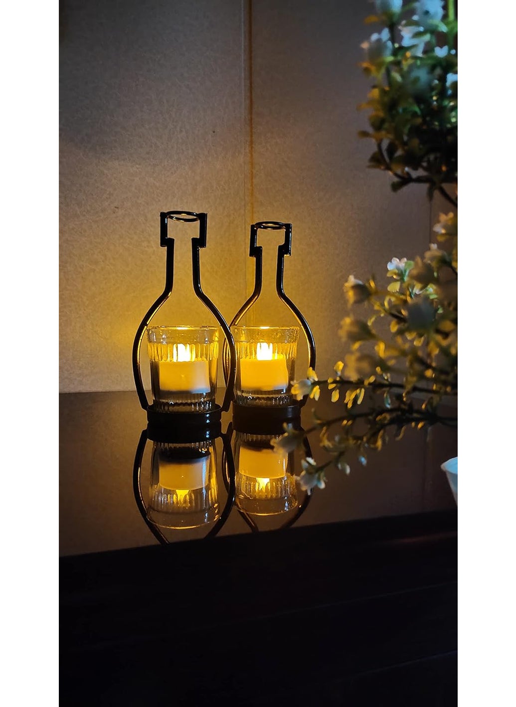 Amishi Blissful Decors Black Metal Small Bottle Shape Tealight Holder with Glass Votive for Decoration Diwali Festival Home Dcor Set of 2