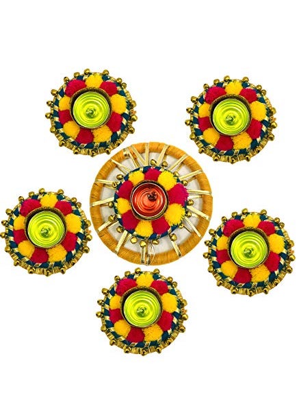 Evisha Artificial Flowers 5 Pcs Tealight Holders Rangoli Mats Diwali Decoration