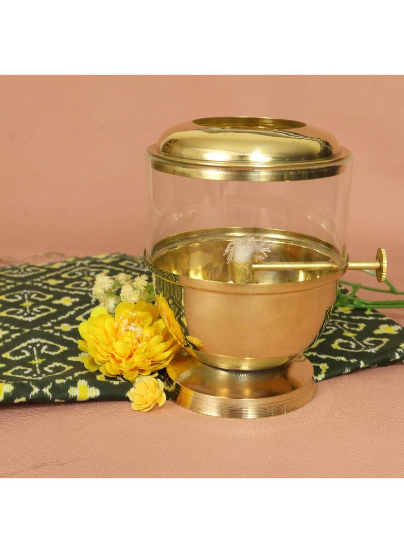 Spillbox Traditional Brass Glass Akhand Diya with Adjustable Batti Oil lamp for Home and Pooja Articles Akhand Jyothi Size 5