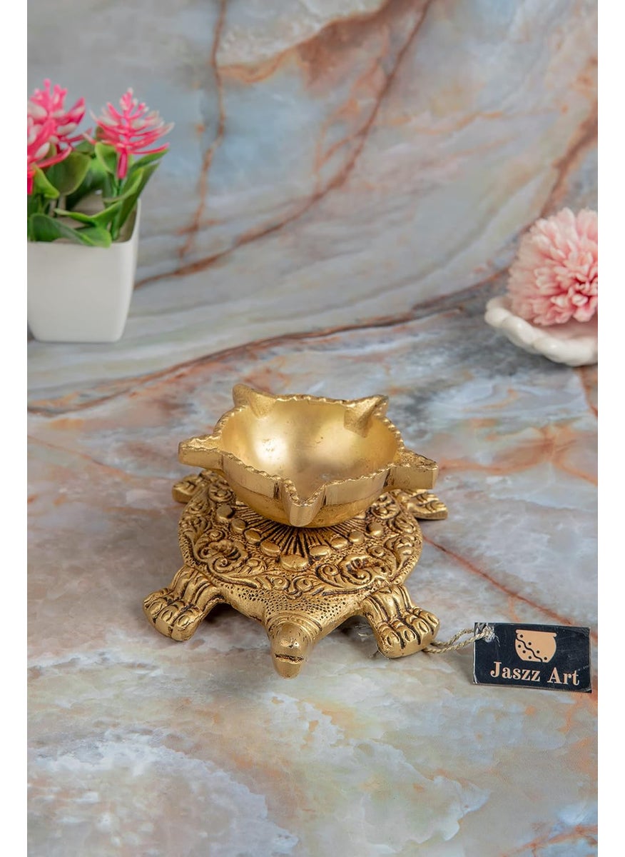 Jaszz Art Brass Turtle Leaf Diya 14 12 5 inches and 520gm Ethnic Design Handmade Curved Oil Wick Antique Kuber Deepak for Home Decor Temple Puja Counter Decoration Festival Gift