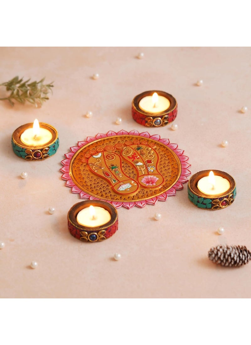 Shyam Antique Creation Wooden Decorative 6 Laxmi Charan with 4 Tealight Candle Holder for Puja Maa Lakshmi Lottus Feet Paduka with Diya for Diwali and Home Office Pooja