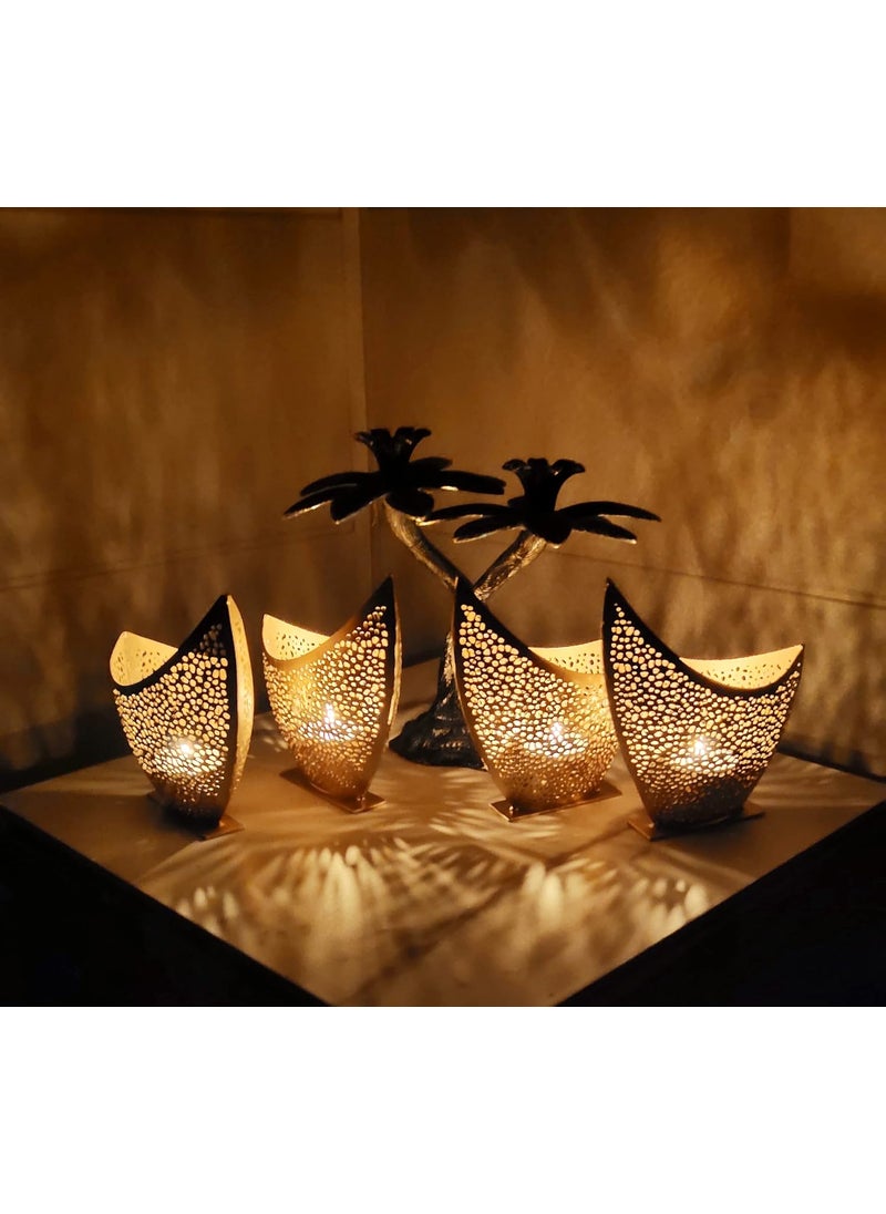 Amishi Blissful Decors Exclusive Cutwork Metallic Boat Shape Votive Handcrafted Metal Tealight Holder Diwali Tealight Holder Diwali Decorations Diwali Decor Diwali Gifts Golden Set of 4