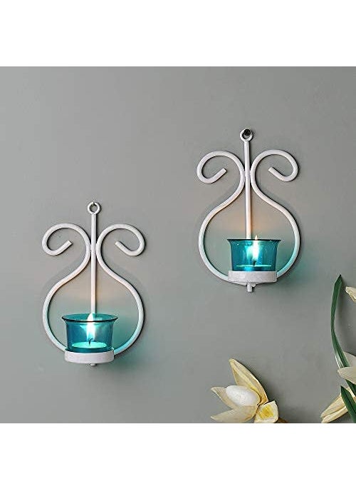 The Decor Affair 2Piece White Metal Wall Hanging Tea Light Candle Holder Expertly Crafted with an Array of Multifaceted Colored Glass Creating an Aura of Serenity and Wonder 20 18 CM