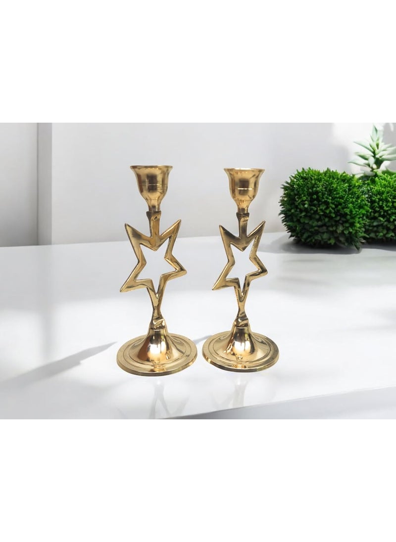 Blissful Decor Pure Brass Star Shape Christmas Candle Holder Tabletop Free Standing Living Room Bedroom Festival Wedding Pack of 2 Weight 340 GMS