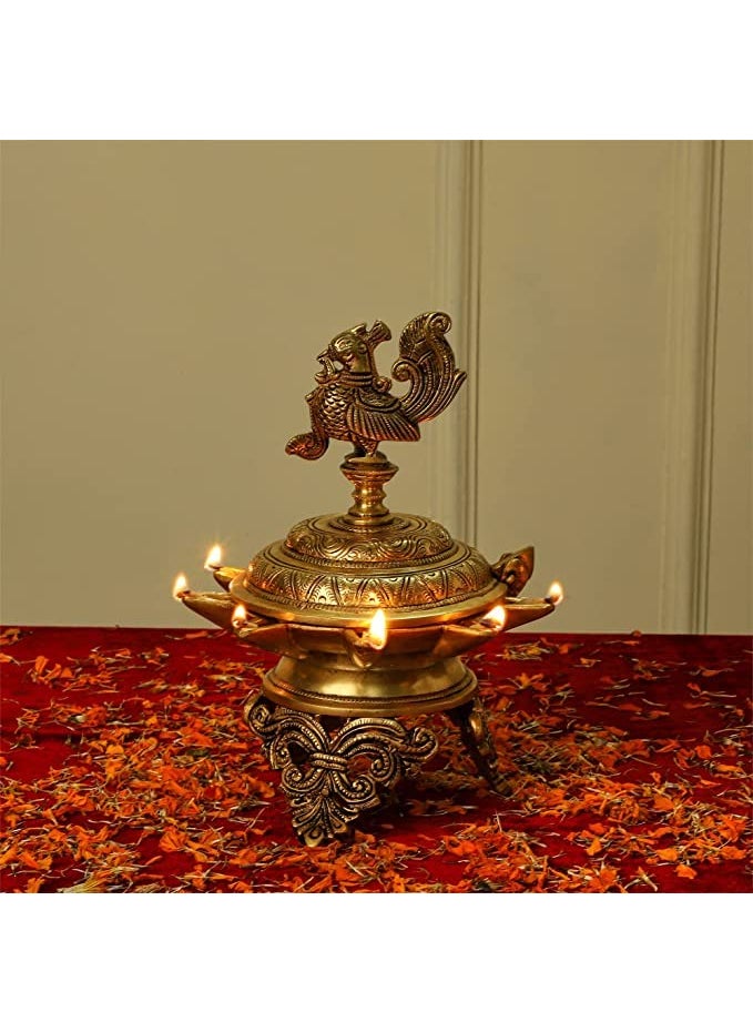 Jaszz Art Brass Peacock Diya 10 inches and 32 Kg with Stand Ethnic Design Handmade Curved Oil Wick Antique Deepak Lamp for Home Decor Temple Puja Office Counter Diwali Decoration Festival Gifts