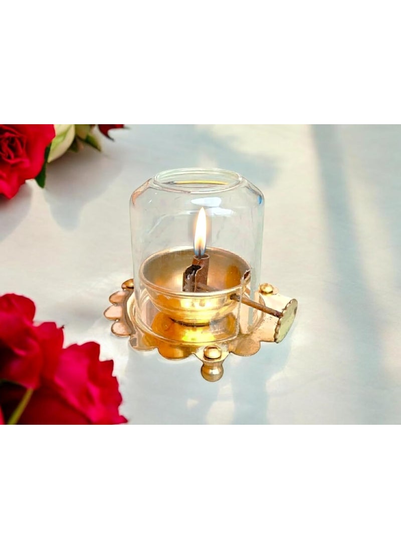 Blissful decor Gold Brass Akhand Diya with Lifting Screw for Puja with Glass Cover Borosilicate Glass DiyaAkhand Diya with Handle for Diwali Puja Home Temple Decor Item 35 inch Medium