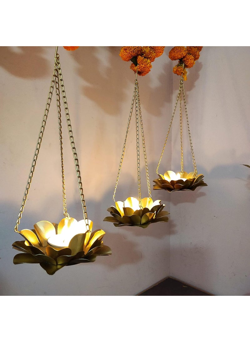 Amishi Blissful Decors Metal Diamond Shape Hanging Lotus Tealight Holder Diyas for Decoration Golden Set of 4
