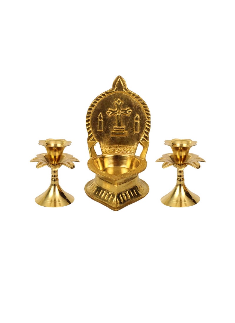Spillbox Traditional Handcrafted Brass Jesus Cross Vilakku with Candle Holder Christian Diya Cross Diya with Jasmine Candle Holder Pack of 2