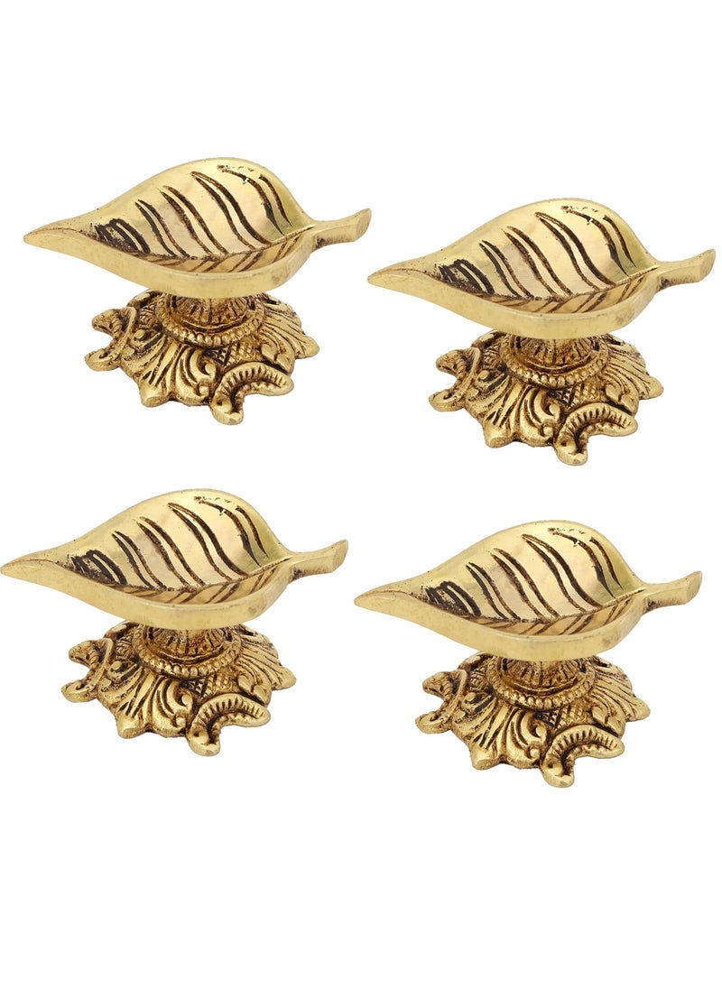 Jaszz Art Brass Leaf Diya Handmade Curved Oil Wick Antique Kuber Deepak for Home Decor Temple Office Decoration Festival Gift Pack of 4 3 inches and 200g