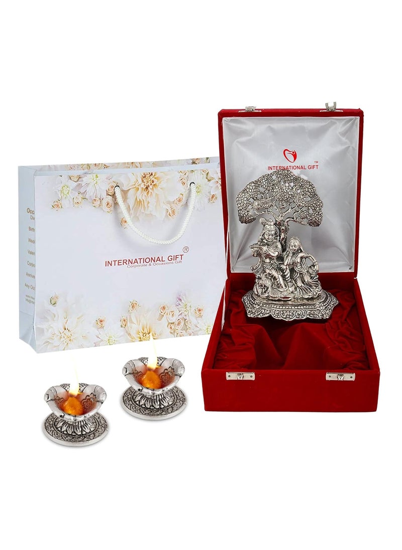 INTERNATIONAL GIFT Radha Krishna with Velvet Box Silver with 2 Hand Diya 18 cm X 13 cm X 8 cm