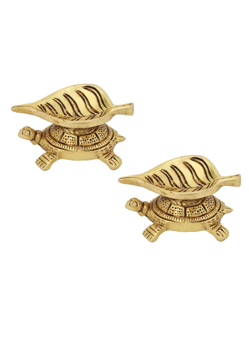 Jaszz Art Brass Turtle Leaf Diya Handmade Curved Oil Wick Antique Kuber Deepak for Home Decor Temple Puja Decoration Festival Gift Pack of 2 3 inches and 200g