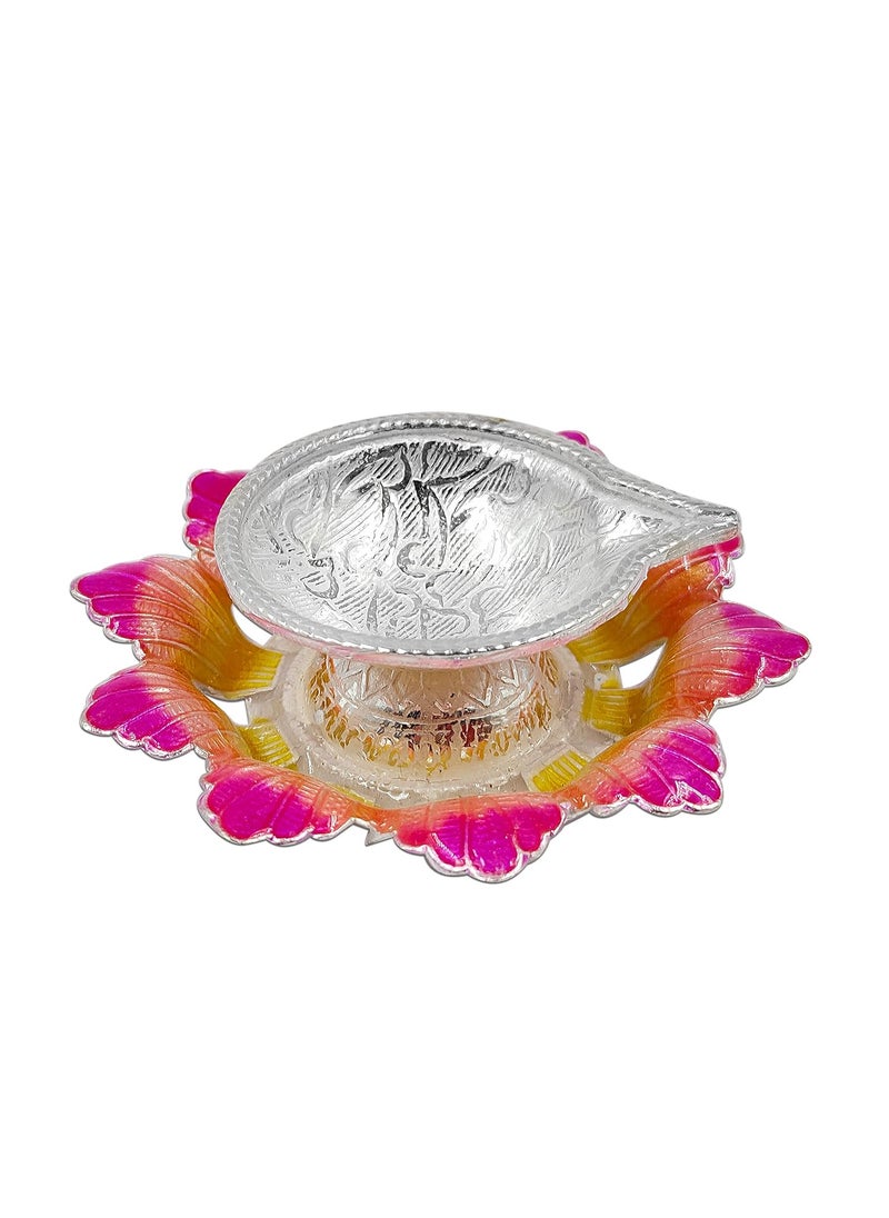 MAA SILVER Pure Silver Diya with Yellowish Pink Colour Enamel Flower Shape Base BIS Hallmarked Perfect for Gift and Pooja Use 925 Purity20 Grams Silver