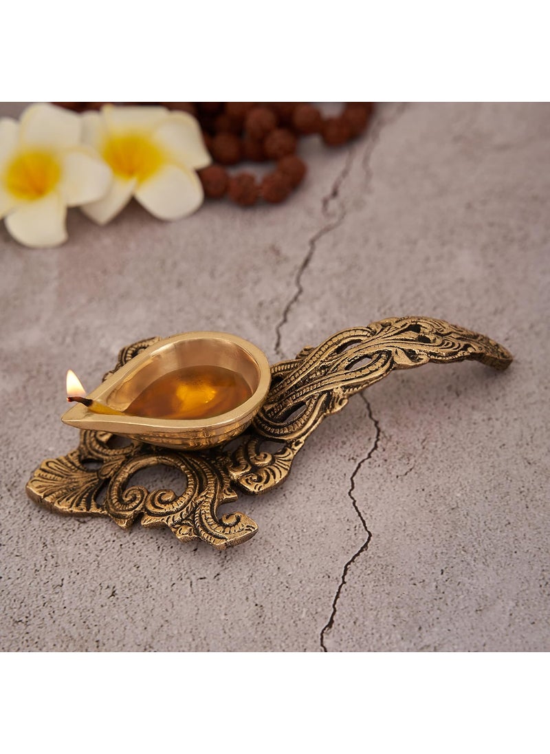 DecorTwistBrass Diya for Puja 7x43x15 370 Grams Pack of 1 Pure Brass Aarti Diya with Handle in Gold Antique Finish Oil Lamp Diya for Diwali Home Temple Navratri Diya Decoration Item