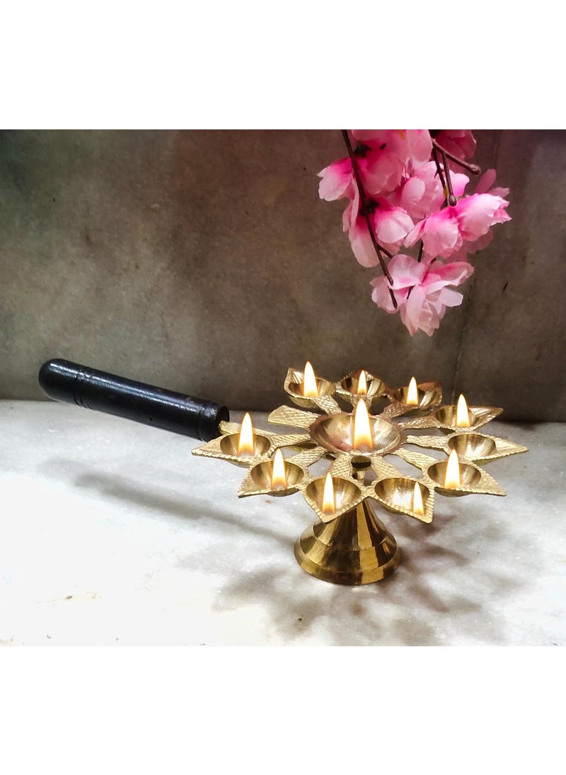 blissful decor Presents Dasmukhi Arti DiyaAarti Standten Face Cutting Diya with Camphor Diya Dasmukhi Diya Brass with Wooden Handle Table Dasmukhi PradeepHeight 3 Inch