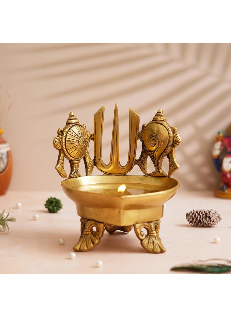 Shyam Antique Creation Large Size Shankh Chakra Namah Design Brass Arti Diya Deepak for Temple Namah Design Oil Diya Deepam for Puja Oil Lamp Akhand Jot Diya for Diwali Pooja and Home Office Puja
