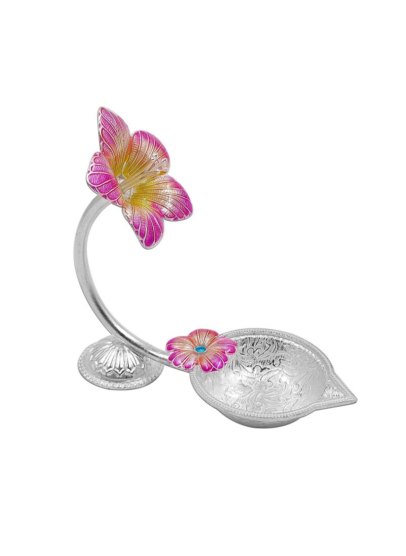 MAA SILVER Pure Silver Diya with Pink Colour Enamel Hibiscus Flower Shape Design BIS Hallmarked Perfect for Gift and Pooja Use 925 Purity25 Grams Silver