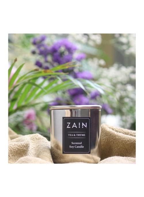 Virgo Creations Zain Metal Jar Candle Soy Wax Tea Thyme Fragrance Metal Jar with Lid Silver Finish Luxury Jar Candle Calmness Relaxation Gift Home Dcor Jar Size 7x7x8 cm Pack of 1