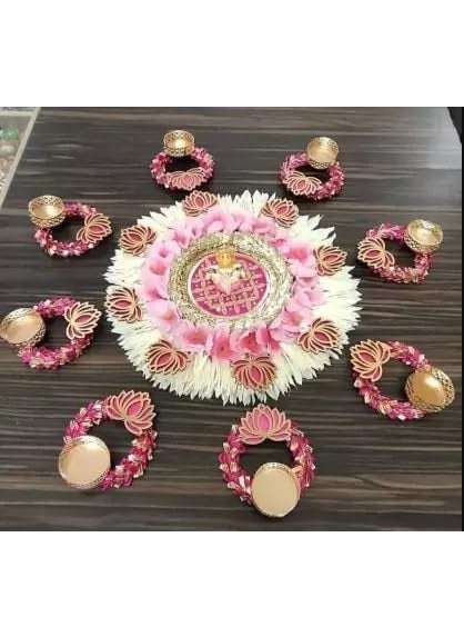 Sanvatsar Home Decorative Lotus Rangoli Lotus Diya Set Plastic 8 Cup Tealight Holder Set Pink White Pack of 8