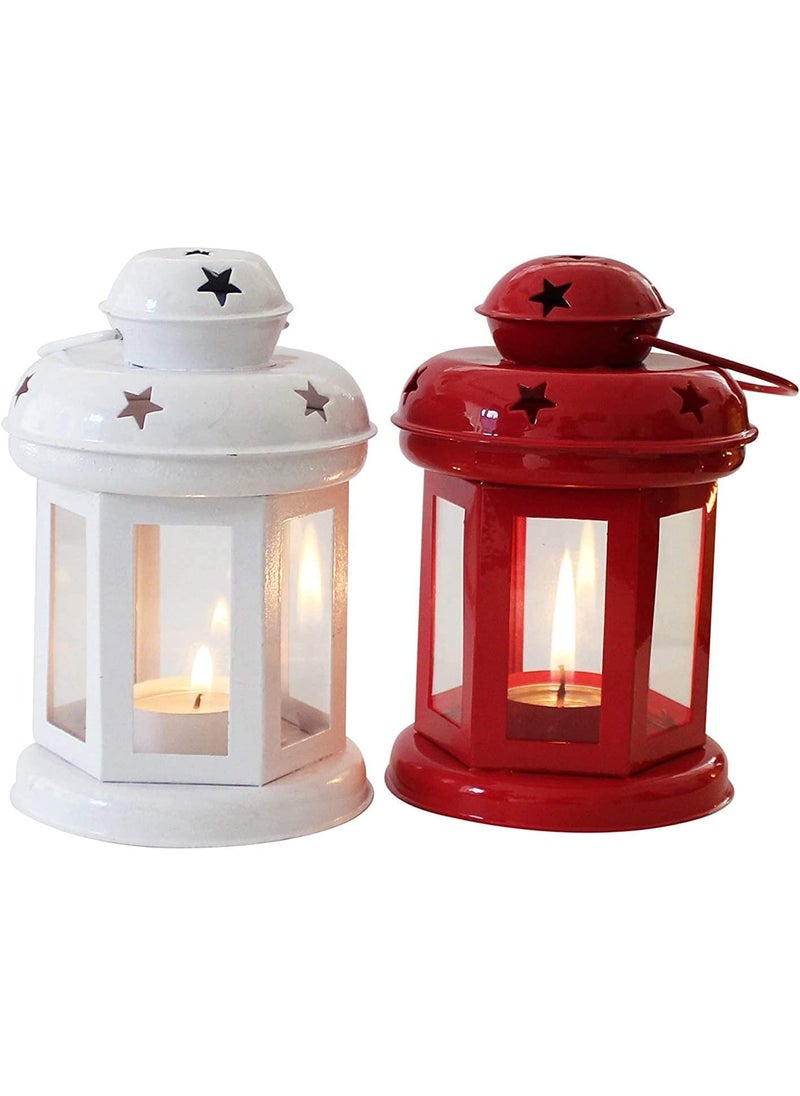 The Decor Affair Hanging TeaLight Holder Home Decor White and Red Color Iron Lamp with Candle TeaLights Festival Decor Set of 2