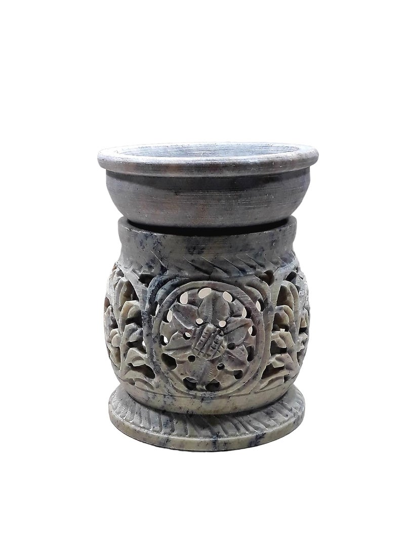 KRAFT CLOUDS Soapstone 4 inch Aroma Burner Oil Diffuser Candle T Light Marble Tea Light Holder BeigeBrown Colour Floral Hand Carving for Home Decor Decorative Showpiece