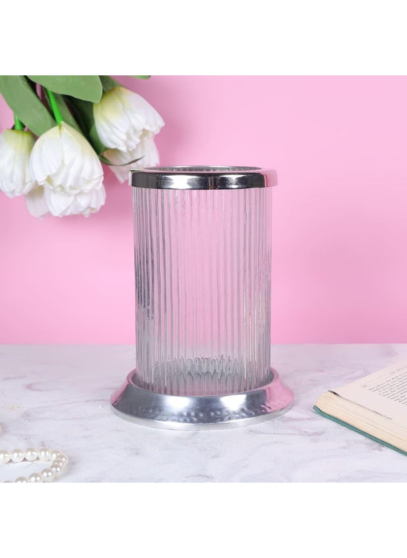 NIKSA HOMES Metal Hurricane Candle Holder Beautiful Textured Glass Shiny Silver Art Deco Style Pillar Candle Holder Modern Elegance for Home Decor Office Gift