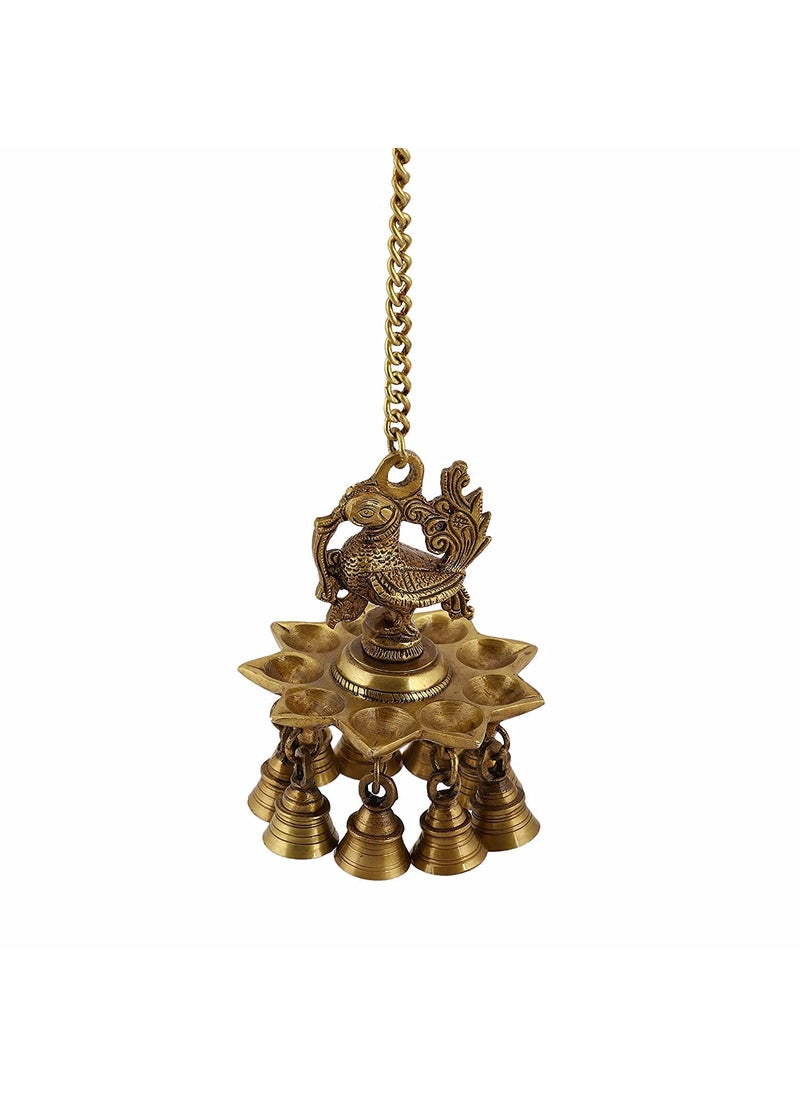 Jaszz Art Brass Peacock 9 Diya16 inches and 13 Kg with 17 inch Chain Ethnic Design Handmade Oil Wick Antique Deepak Lamp for Home Decor Temple Puja Office Diwali Decoration Festival Gift Light