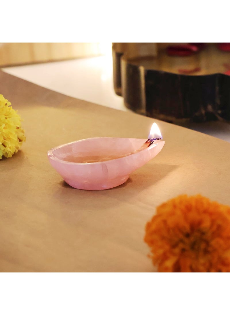 9Dzine Rose Quartz Crystal Diya for Home Decor Items 1 Face Oil Lamp Stone Diyas for Diwali Puja Temple Rangoli Diwali Decorative Festival Gifts for Women