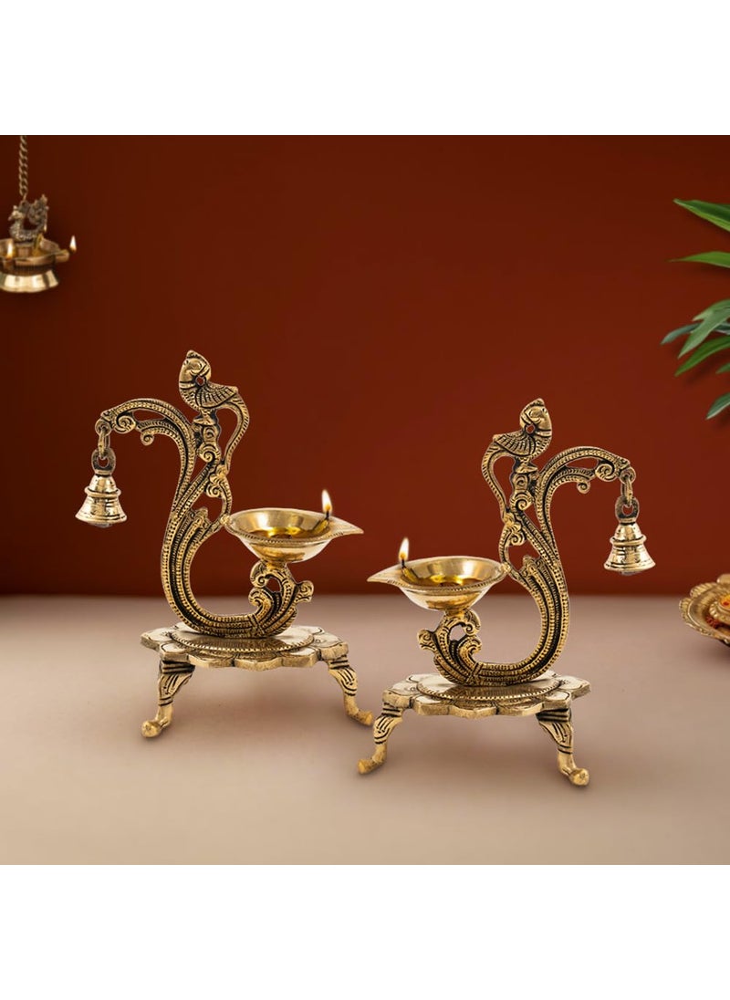 DecorTwist Brass Diya for Puja 8 Inch 700 Grams Pack of 2 Pure Brass Ethnic Carved Peacock Design Diya with Bell in Gold Antique Finish Oil Lamp Diya for Home Temple Diwali Decoration Item