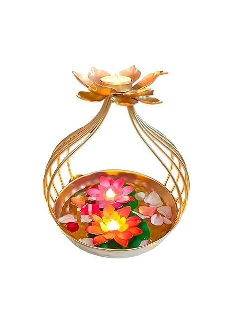 Zen IMPEX Premium Lotus Urli Bowl 3 Layer Diwali Decor Golden Tealight Candle Holder Pooja Diya 10 INCH