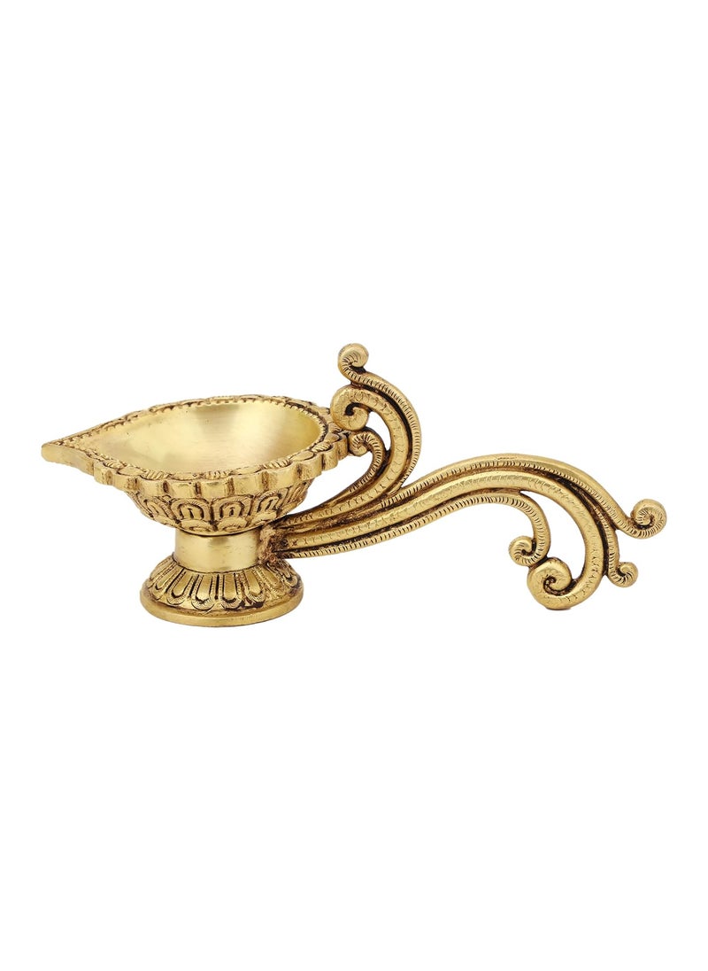 Jaszz Art Brass Diya 25 10 10 1000 gm with Handle Ethnic Design Handmade Curved Oil Wick Antique Deepak Lamp for Home Decor Temple Puja Office Counter Diwali Decoration Festival Gift
