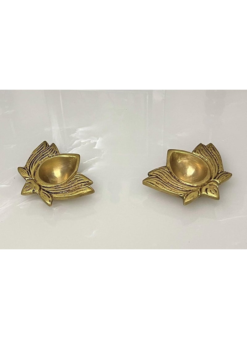 Yathashilpam Brass Lotus Diya I Brass Diya I Home Table Decor Diya I Office Desk Decorative Item I Antique Diya for Pooja in Gift Box I Yellow Antique I 6cm x 5 cm x 15 cm I 1 Set of 2 Pieces