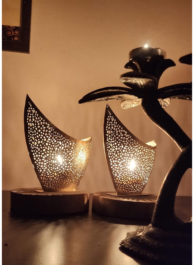 Amishi Blissful Decors Exclusive Cutwork Metallic Boat Shape Votive Handcrafted Metal Tealight Holder Diwali Tealight Holder Diwali Decorations Diwali Decor Diwali Gifts Golden Set of 02