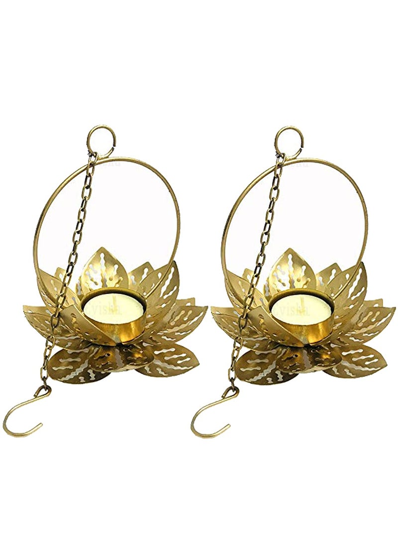 Evisha Golden Polish Metal Lotus Shape Hanging Tealight Holder Diyas for Diwali Festival Home Decor Lotus 2