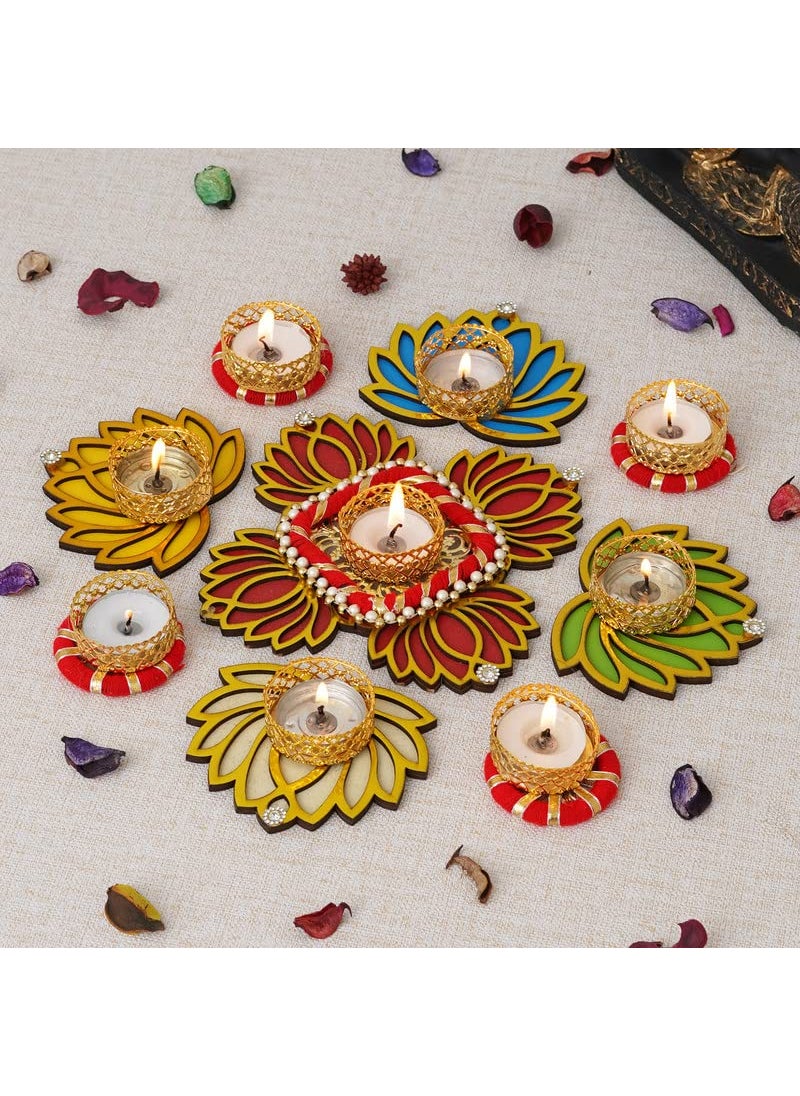 Sanvatsar Home Decorative Lotus Rangoli Lotus Diya Set Corporate Gift Diwali Gift Diya for puja Home Decoration Light Diya Christmas Candle Lighting New Year Candle Set of 9Red