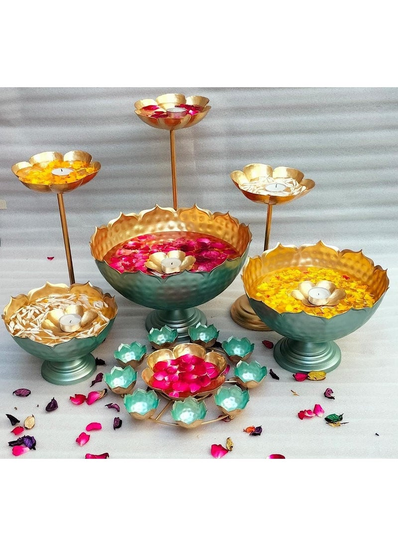 Lazybeee Urli Bowl Candle Stand with Floating Diya Decorative Urli for Home and Festival Decor 10Piece Set for Floating Flowers Elegant Green and Gold Design