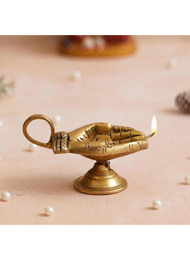 Shyam Antique Creation Brass Hand Shaped Diya with Handle for Puja Aarti Decorative Oil Lamp Deepak for Pooja Room Oil Deepam for Diwali and Home Office Puja