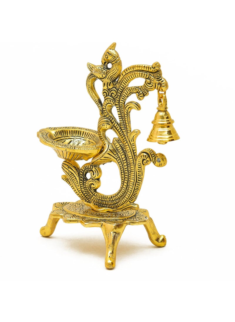 RKONECT Golden Peacock Diya with Ghanti Metal Lotus Shaped L 12 x W 7 x H 19 CM Pack of 1 Home Decoration Decorative for Home Office Oil Lamp Deepak with 1 Bell for Diwali Pooja Gift