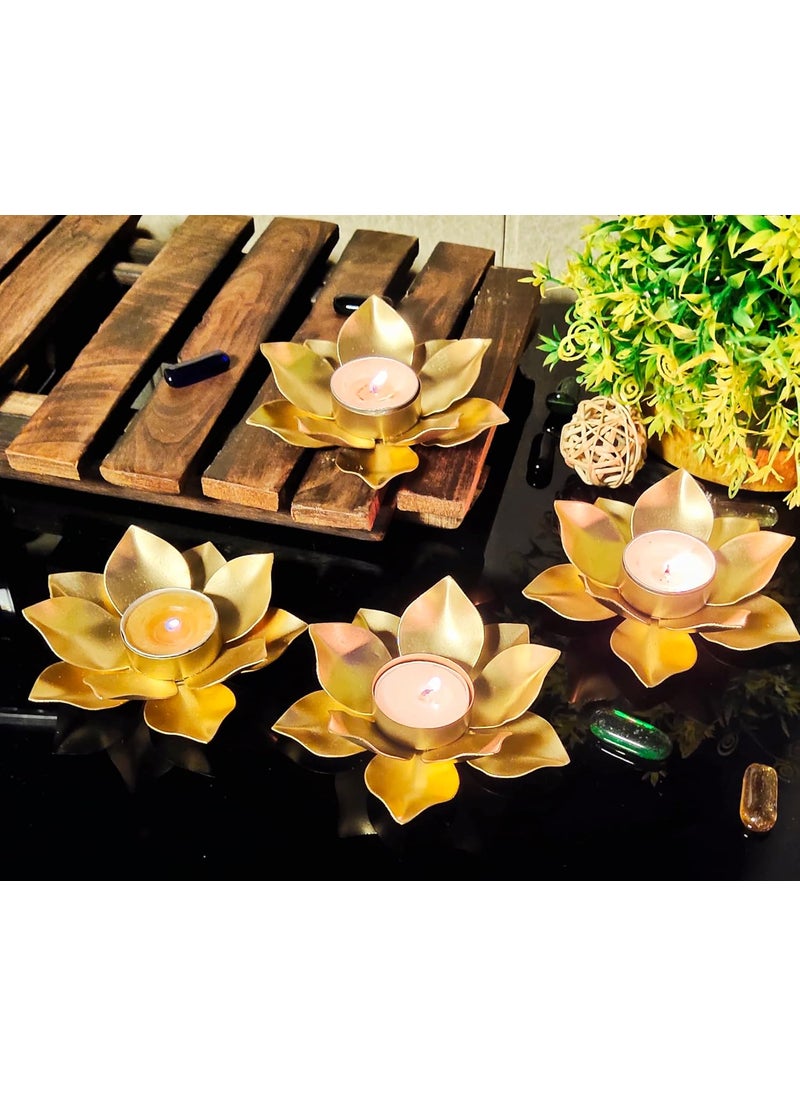 Amishi Blissful Decors Golden Metal Small Lotus Shape Tealight Holder Dias for Decoration Diwali Festival Home Dcor Set of 4