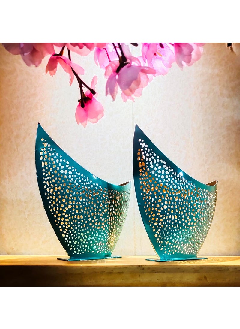 Blissful Decors Exclusive Cutwork Metallic Boat Shape Votive Handcrafted Metal Tealight Holder Diwali Tealight Holder Diwali Decorations Diwali Decor Diwali Gifts Set of 02 Turquoise Blue