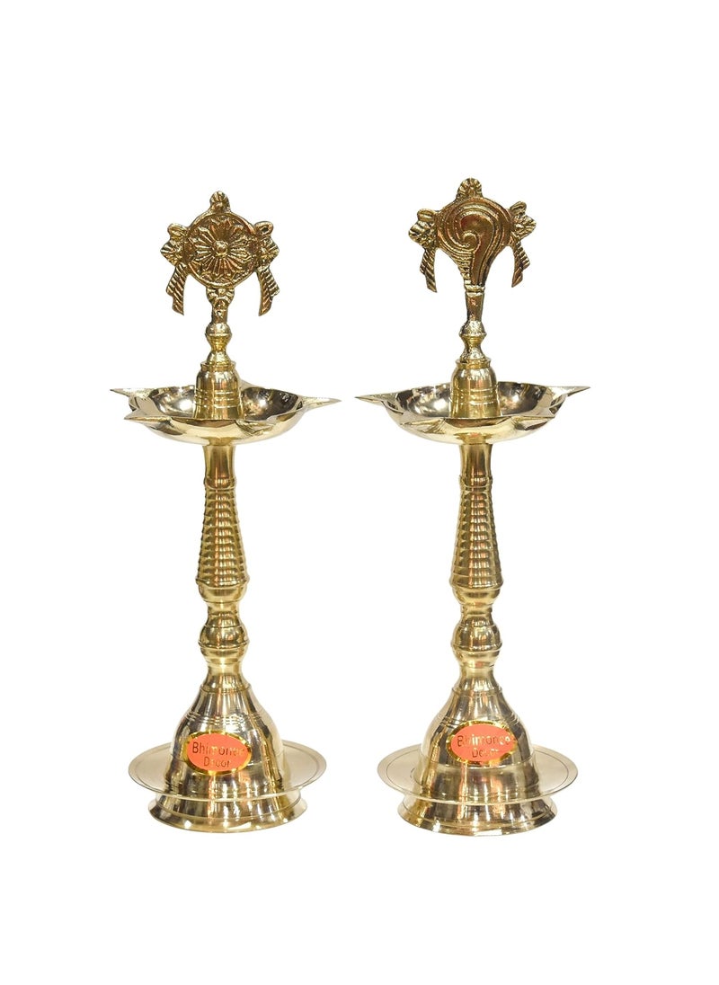 Bhimonee Decor Pure Brass Shanku Chakra Kerla Fancy Diya 11 inches Brass Colour Pack of 1 Pair