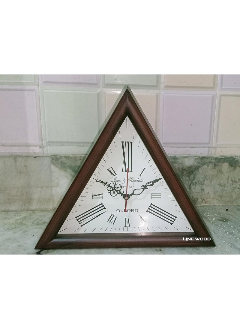LINE WOOD Wooden Triangle Wall Clock 16 Inch Designer Timepiece with Antique Look Elegant WhiteBrown Finish and Triangular Shape for Home Hall Office and Farmhouse Decor