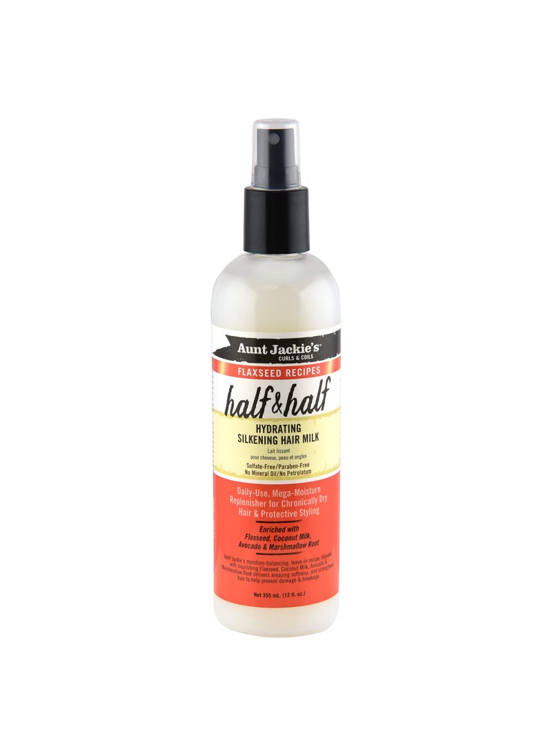 Aunt Jackie's Flaxseed Recipes Half & Half, Hydrating Silkening Hair Milk, For Daily Use, Enriched with Flaxseed, Coconet, Jojoba Oil, Shea Butter, Grapeseed and Ginseng, 12 Ounce Spray Bottle