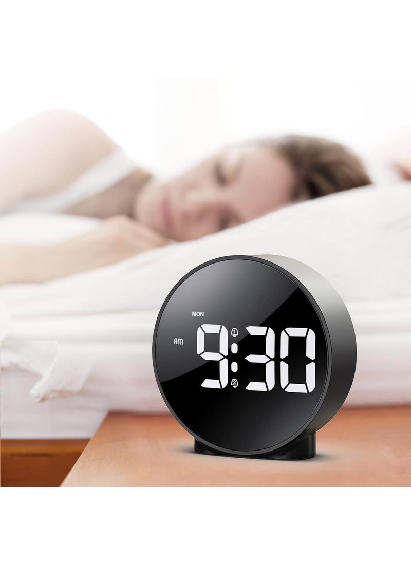 PROSFIA LED Alarm Clock Digital Round Clock with Voice and Touch Activated 2 Separate Alarms Snooze Week 4 Adjustable Brightness USBBattery Powered Desk Clocks for Home Office Black