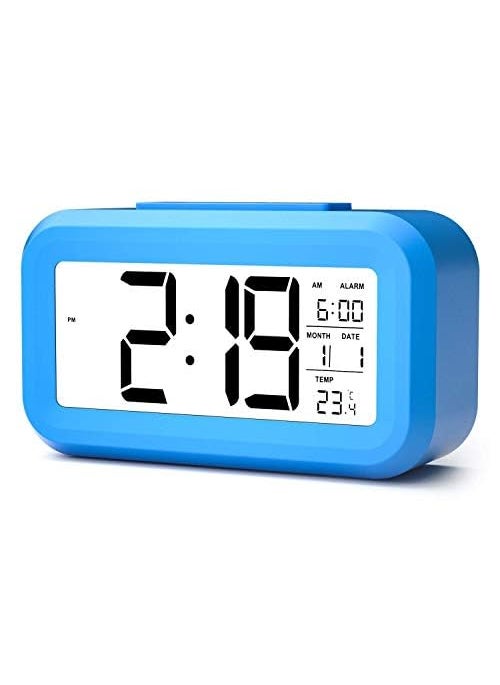 NXZ Digital Alarm Clock for Home Bedroom with Smart Automatic Sensor Backlight LCD ScreenDate Temperature for Students Desk TableABS PlasticBlackMedium Blue