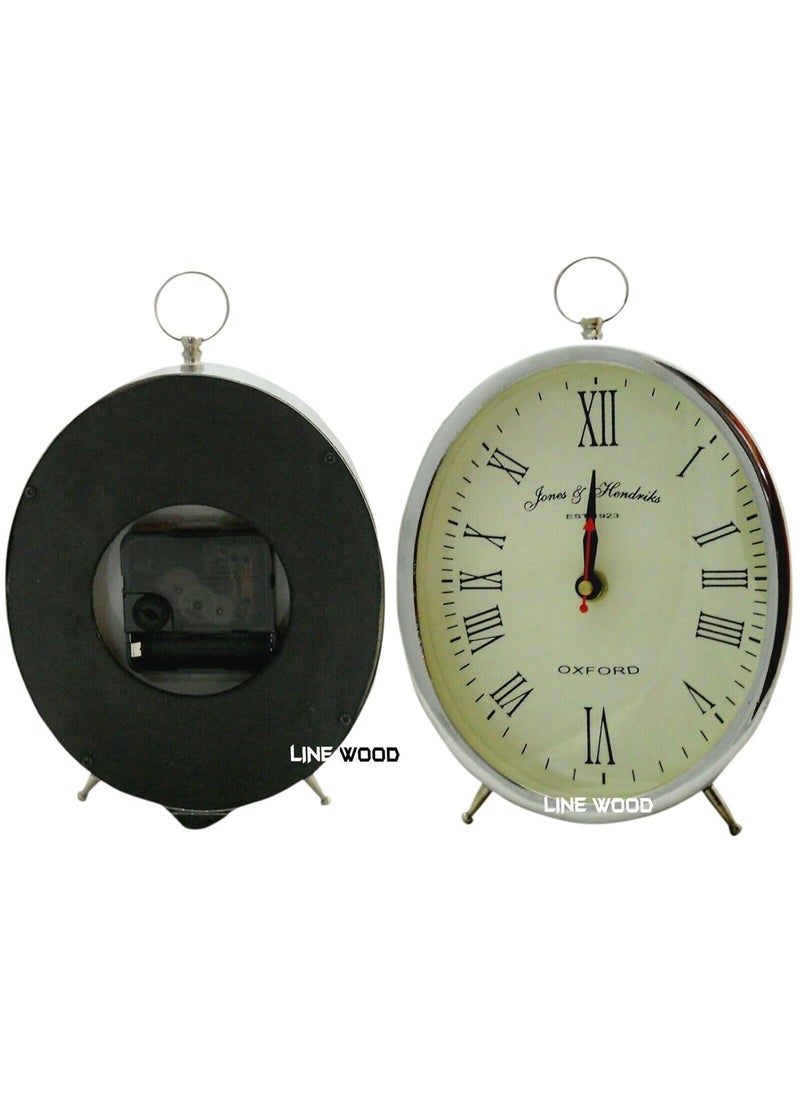 LINE WOOD Handmade Jones Hendrinks Est1923 Oxford Steel Oval Shape Silver Table Clock Desk Clock Nautical Style Beautiful Table Clock Home Office Bed Room Decoration 8 inch White