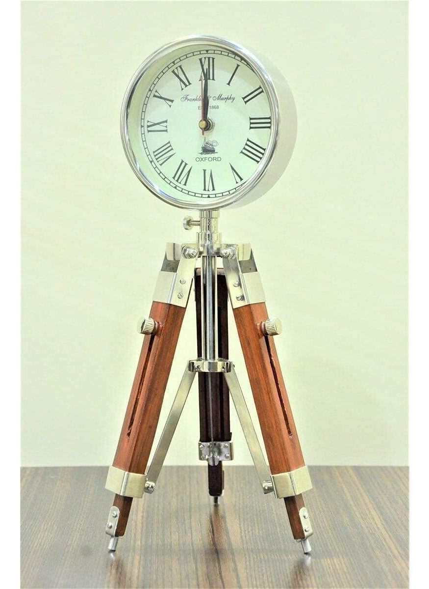 LINE WOOD Handmade Wooden Table Clock Deck Clock with Adjustable Tripod Stand Steel Finish Home Office Decor Gift 22 inch Brown