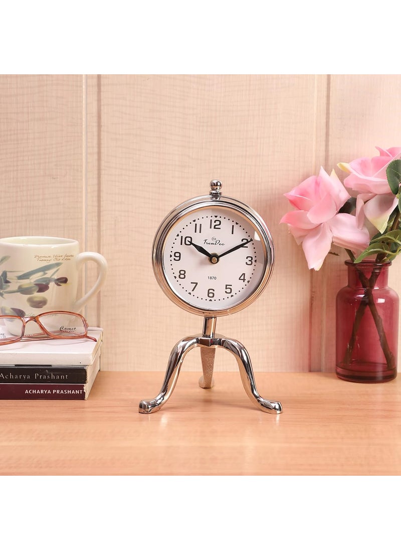 TrenDec Aluminium Metal Round Silver Finish 9 Height Table Analog Clock for Bedroom Office Desk Analog Table Clock Kitchen Office Clock Tableware Clock Silver VintageDia 9 Inch Height